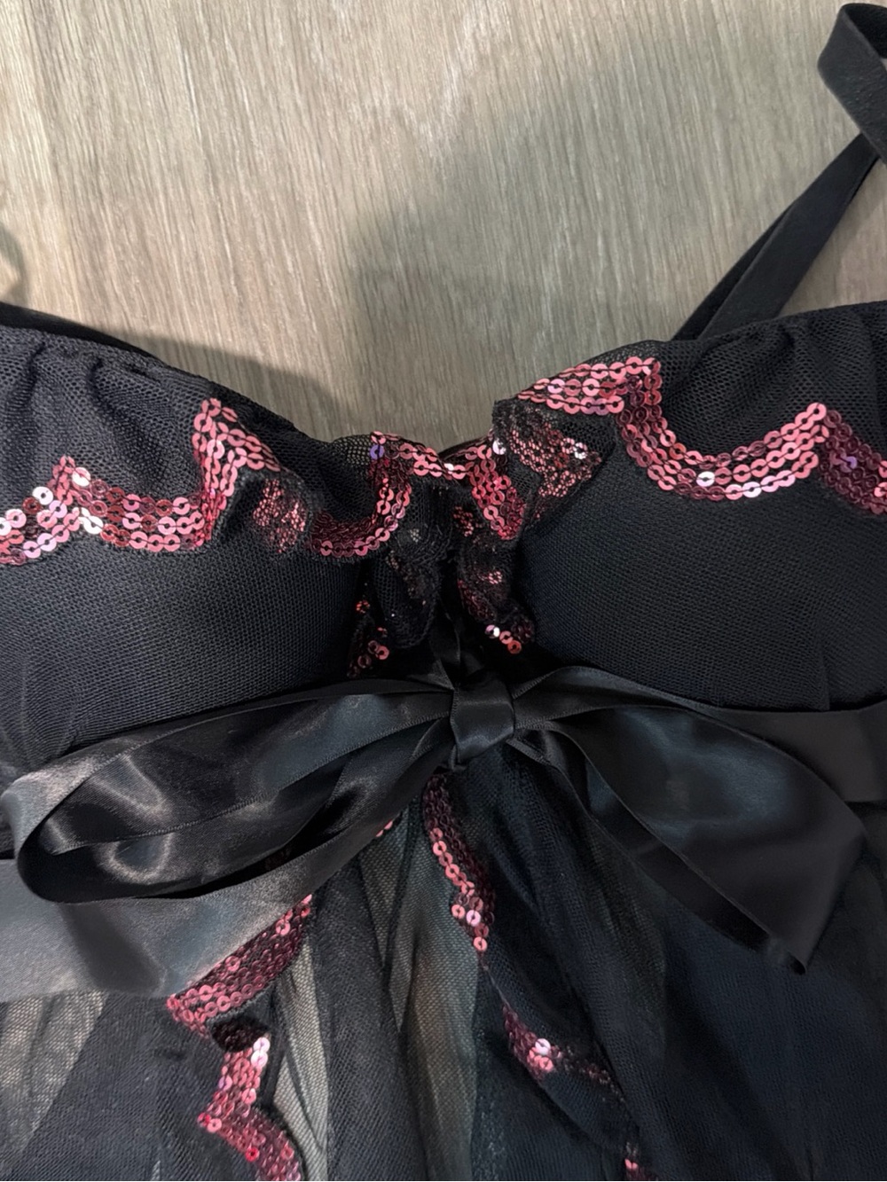 Victoria’s Secret Sexy Little Things Black Mesh Babydoll Pink Sequin Trim 34D - Picture 3 of 5